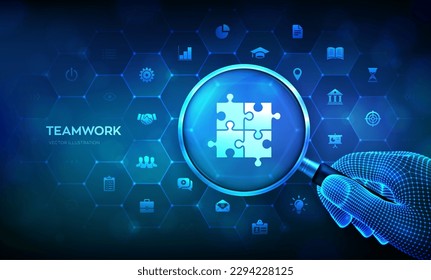 Teamwork. Business Partnership. Puzzle Team elements icon. Global cooperation communication network. Business technology concept with magnifier in wireframe hand and icons. Vector illustration.
