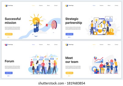 Teamwork, Business Partnership Strategie Vektorgrafiken. Cartoon flaches kreatives Interface-Webdesign mit strategischer Geschäftsanalyse von Partnern, Projektmanagement, Kooperationbanner-Set
