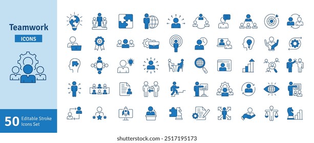 Teamwork and Business People Blue Line Icon Set. Planning, Strategy, Marketing, Leadership, Work Group, Meeting, Partnership. Line Icons Collection Editable Stroke Vector Illustration