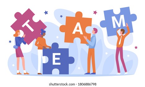 Teamwork of business people connect puzzles vector illustration. Cartoon flat businessman characters holding and connecting puzzle pieces, standing next to team word, partnership isolated on white