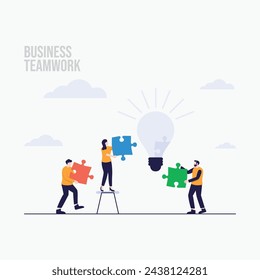 Teamwork business people connecting puzzle pieces landing page concept