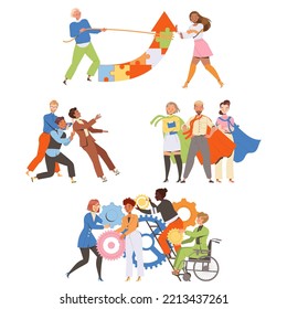 Teamwork with Business People Employee Engaged in Successful Collaboration Vector Set