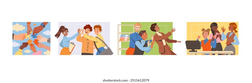 Teamwork with Business People Employee Engaged in Successful Collaboration Vector Set