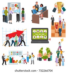 Teamwork business people group on conference management concept symbols flat characters vector illustration elements