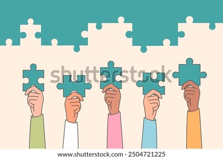 Teamwork of business people holding puzzles in hands, assembling single structure and building company. Teamwork of partners striving to achieve common goal and bringing benefits to corporation