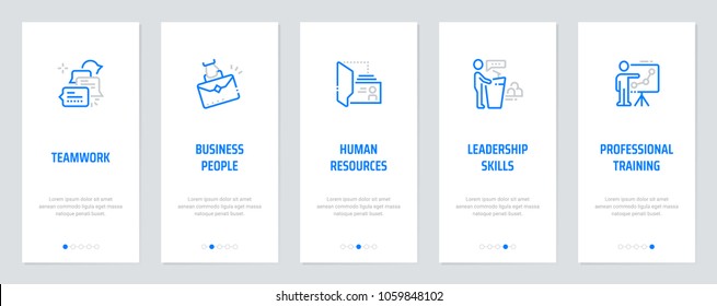 Teamwork, Business people, Human resources, Leadership skills, Professional training Vertical Cards with strong metaphors. Template for website design.