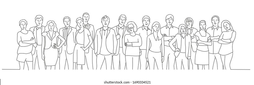 Teamwork. Business people. Line drawing vector illustration.