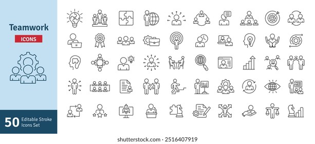 Teamwork and Business People Line Icon Set. Planning, Strategy, Marketing, Leadership, Work Group, Meeting, Partnership. Line Icons Collection Editable Stroke Vector Illustration.