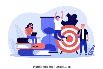 Teamwork of business people on goals and working strategy. Tiny professional team of workers planning flat vector illustration. Time management concept for banner, website design or landing web page