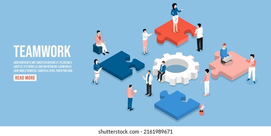 Teamwork of business people with raised arms holding a piece of jigsaw. Vector illustration isometric design style people connecting puzzle elements. organisation and management 