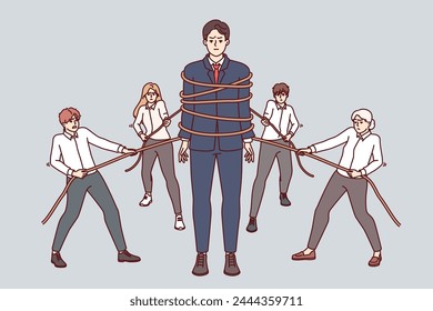 Teamwork of business people with ropes in hands, together creating strong colleague to solve corporate problems. Teamwork of men and women obtaining synergistic effect through coordinated actions