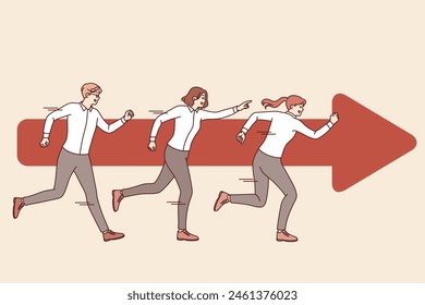 Teamwork of business people running together near arrow and striving to quickly achieve goal. Business sprint for office employees who learned about opportunity to attract new clients for company