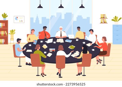 Teamwork of business people sitting at round office table vector illustration. Cartoon corporate team meeting at conference together, employees and chairman characters sit to discuss and exchange idea