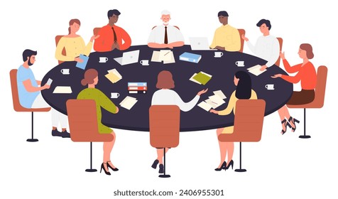 Teamwork of business people sitting at round office table vector illustration. Cartoon corporate team meeting at conference together, employees and chairman characters sit to discuss and exchange idea