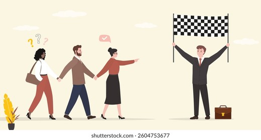 Teamwork, business people team up and hold hands of each other, walking to success, goal, trophy. Boss or business teacher holding finish flag. Successful end project or task. flat vector illustration