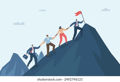 Teamwork of business people, Unity of employees, Difficulties in overcoming success in business, Business team climbs to the top of the mountain, overcomes difficulties and achieves goals. Vector.