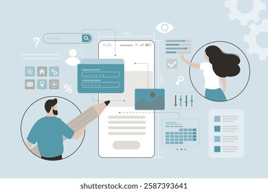 Teamwork of business peoples working UI, UX Design and online development mobile application wireframe. Group of designers and coders create web interface design for website or mobile app. flat vector