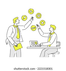 Trabajo en equipo. Plan de negocio. Gestión de proyectos. Ilustración del vector de negocios en fondo blanco