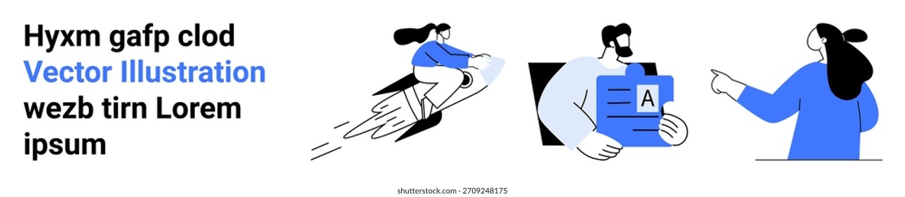 Teamwork, business planning, document management, data transfer, creativity, workplace collaboration. Stylized individuals speeding, sharing a document and pointing. Teamwork and business planning