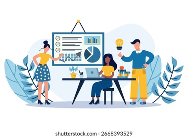 Trabalho em equipe e apresentação de negócios com colegas que analisam gráficos, dados e ideias no escritório.