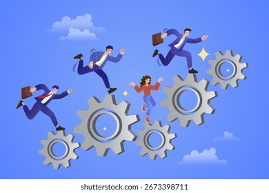 Teamwork and business process concept. A team of business people running up on interlocking gears. A vector illustration for collaboration, workflow optimization, and project management.