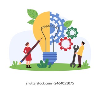 Teamwork for business project improvement, creative innovation idea. Tiny people with pencil and technical support tools work on machines gears inside big light bulb cartoon vector illustration