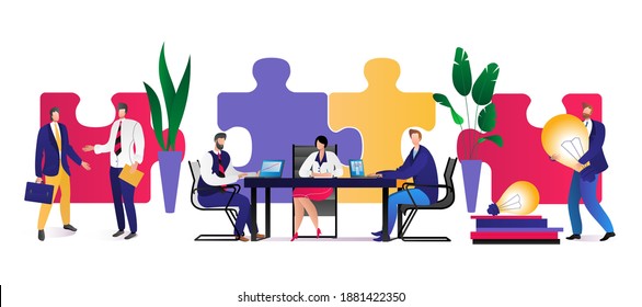 Teamwork business puzzle concept, vector illustration. People work for cooperation partnership, success strategy idea. Man woman character connect jigsaw piece together, cartoon design.