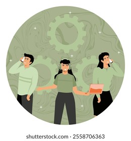 Teamwork in a business setting emphasizing communication and collaboration through technology, showcasing diverse professionals with technical devices in front. Flat vector modern illustration 