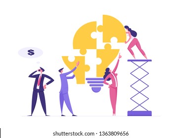 Teamwork Business Solution Concept with Characters Collect Light Bulb Puzzle Pieces. Businessman and Businesswoman Brainstorming Innovation Banner. Vector Flat illustration