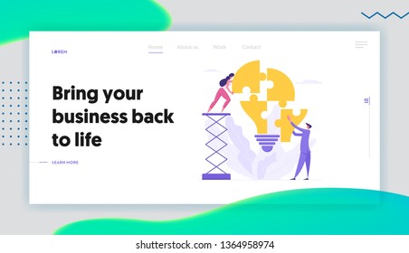 Teamwork Business Solution Concept Landing Page with Characters Collect Light Bulb Puzzle Pieces. Businessman and Businesswoman Brainstorming Innovation Banner, Website, Web Page. Vector illustration