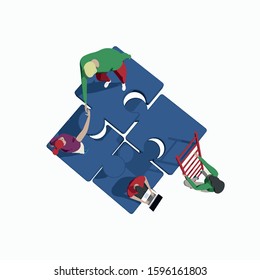 Teamwork business solution concept with persons and puzzle elements. Template for web banner, landing page. Flat vector illustration isolated on white background.