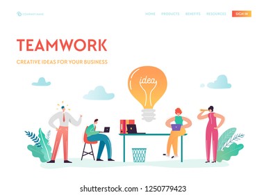 Teamwork, Business Solutions Landing Page Template. Business People Characters Team Working on Creative Project for Website or Web Page. Vector illustration