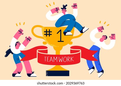 Teamwork, Business success, achievement concept. Young business people celebrating success with golden first trophy while colleagues supporting from downstairs vector illustration 