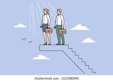 Teamwork business success and collaboration concept. Man and woman partners colleagues teammates standing together on ladder looking in one direction feeling successful vector illustration 