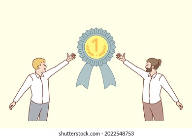 Teamwork and business success concept. Young men workers cartoon characters standing pointing at golden trophy award as team vector illustration 