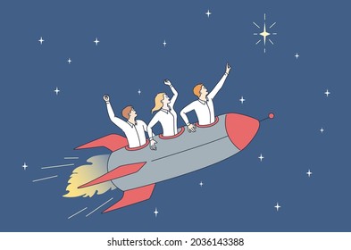 Teamwork, business success and development concept. Group of Young men workers cartoon characters riding on rocket to stars meaning success and achievement concept vector illustration 