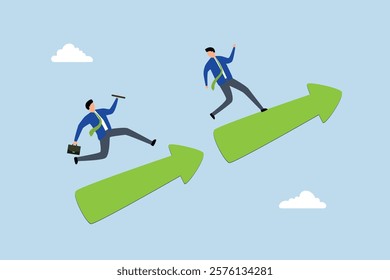 teamwork for business success, reliable entrepreneur hands off baton to colleague on ascending arrow. 