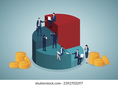 Teamwork, business target, KPI concepts. A group of businessmen and women work hard on the pie chart, strive to make money to get profits