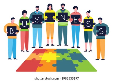 Teamwork and business team building metaphor. Colleagues put puzzles together as elements of a business and a successful team. Coworking, collaboration and business partnership concept.