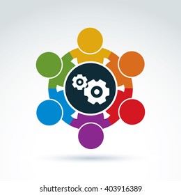 Teamwork and business team with gears and cogs icon, progress and development, organization. Vector conceptual unusual symbol for your design.