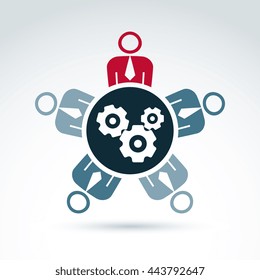 Teamwork and business team with gears and cogs icon, progress and development, organization, vector conceptual unusual symbol for your design.