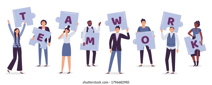 Teamwork. Business team holding puzzle pieces. Cooperation and partnership in company. Female and male employees achieving goal or success together in team. Collaboration vector illustration