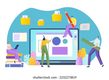 Teamwork business tiny character start up new project, people together brainstorm project idea flat vector illustration, isolated on white.