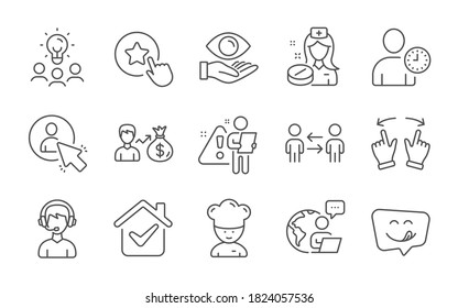 Teamwork business, User and Consultant line icons set. Business idea, Yummy smile and Loyalty star signs. Cooking chef, Time management and Nurse symbols. Line icons set. Vector