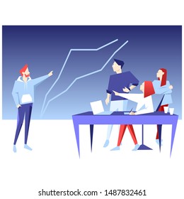 Teamwork business vector flat illustration. 
Man point on chart. Banner logo template for the website or app infographic. Success team mockup idea brainstorming.