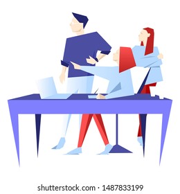 Teamwork business vector flat illustration. 
Man and woman at the table. Banner logo template for the website or app infographic. Success team mockup idea brainstorming. 