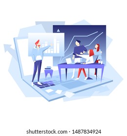 Teamwork business vector flat illustration. Man point on chart. Banner logo template for the website or app infographic. Success team mockup idea brainstorming. 