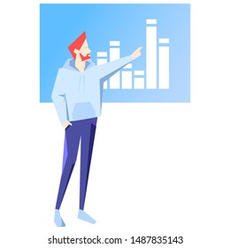 Teamwork business vector flat illustration. Man point on chart. Banner logo template for the website or app infographic. Success team mockup idea brainstorming. 