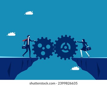 Teamwork. Businessman connects gears together to create a bridge. Vector 