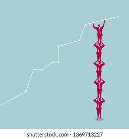 Teamwork. Businessman holds up the chart. Isolated on blue background.